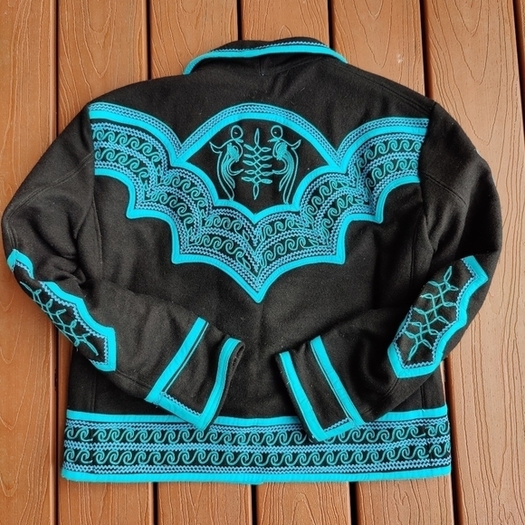 Boho Western Fancy Riding Show Coat Matador Jacket Detailed Black and Blue L XL - Picture 15 of 16